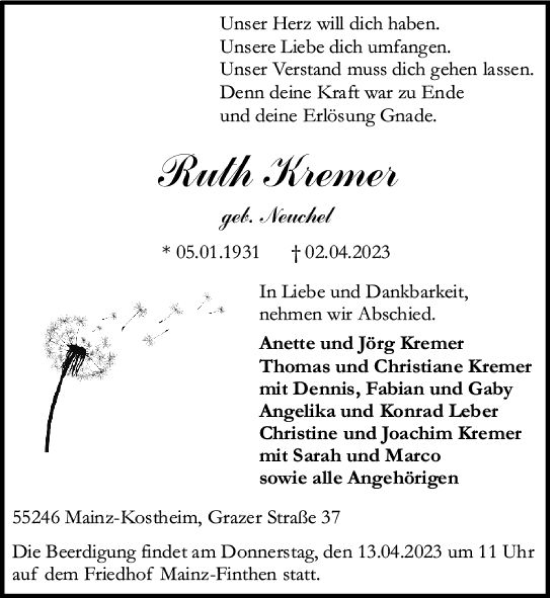 Traueranzeige von Ruth Kremer von Allgemeine Zeitung Mainz