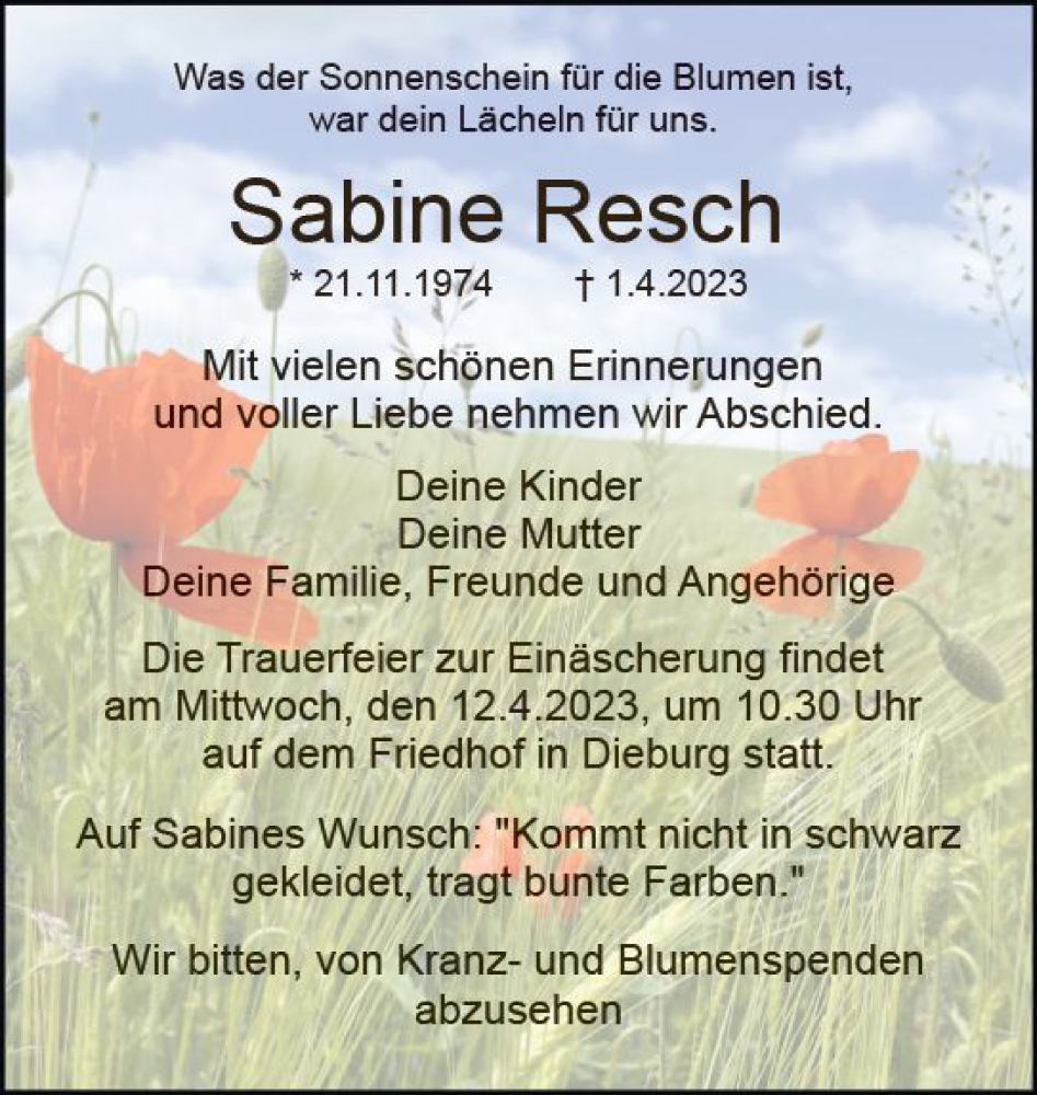  Traueranzeige für Sabine Resch vom 08.04.2023 aus Dieburger Anzeiger/Groß-Zimmerner Lokal-Anzeiger