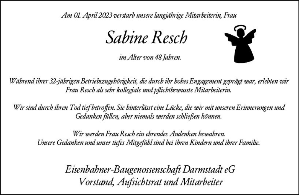  Traueranzeige für Sabine Resch vom 08.04.2023 aus Darmstädter Echo