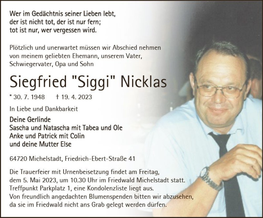  Traueranzeige für Siegfried Nicklas vom 29.04.2023 aus Odenwälder Echo