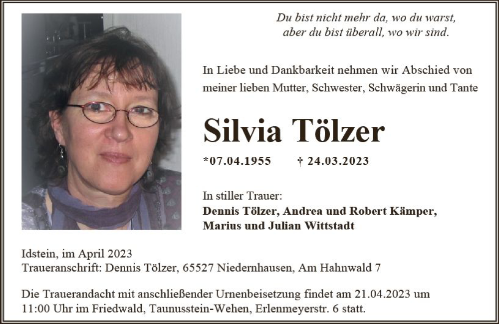  Traueranzeige für Silvia Tölzer vom 13.04.2023 aus Camberger Anzeiger
