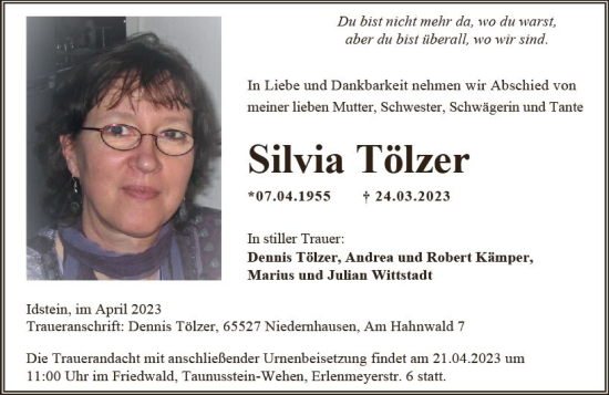 Traueranzeige von Silvia Tölzer von Camberger Anzeiger