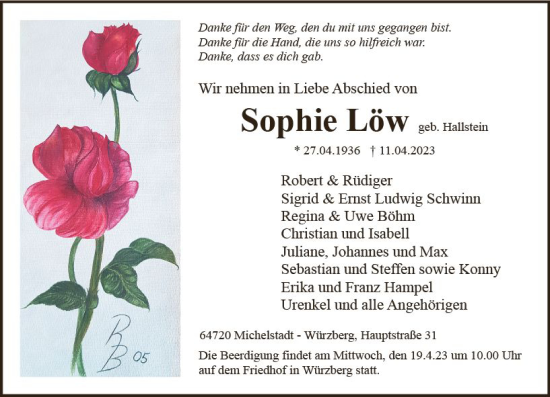 Traueranzeige von Sophie Löw von Odenwälder Echo
