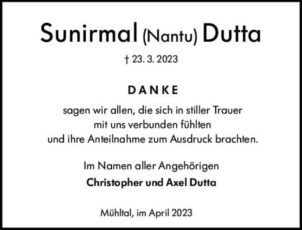  Traueranzeige für Sunirmal  Dutta vom 29.04.2023 aus Darmstädter Echo