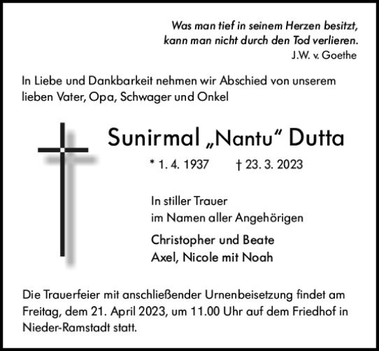 Traueranzeige von Sunirmal  Dutta von Darmstädter Echo