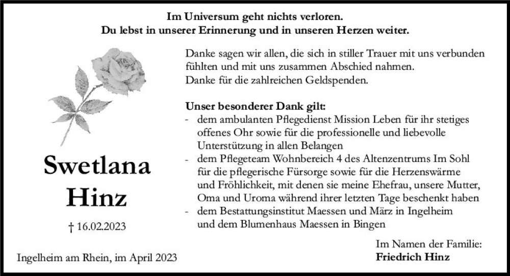  Traueranzeige für Swetlana Hinz vom 15.04.2023 aus Allgemeine Zeitung Bingen/Ingelheim