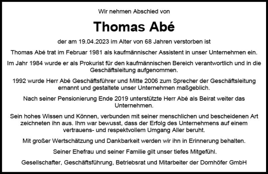 Traueranzeige von Thomas Abe von Allgemeine Zeitung Mainz