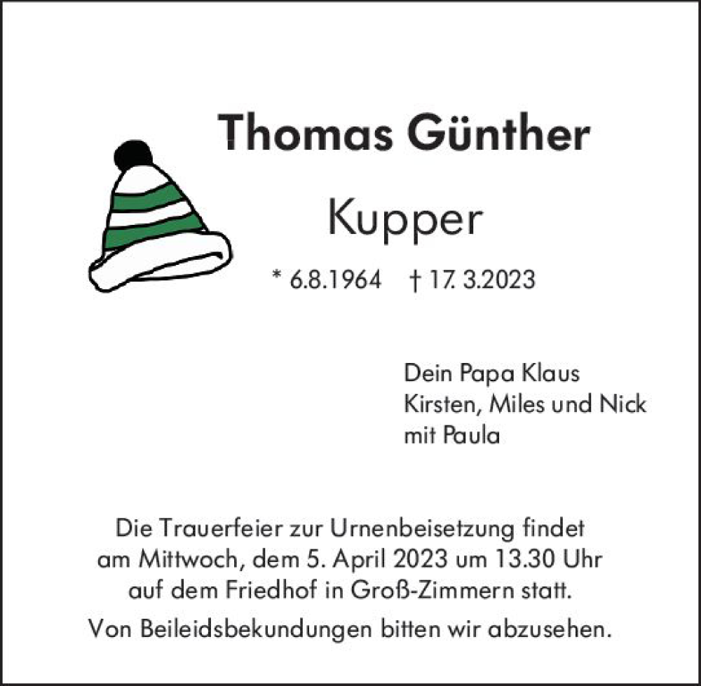  Traueranzeige für Thomas Günther vom 04.04.2023 aus Dieburger Anzeiger/Groß-Zimmerner Lokal-Anzeiger