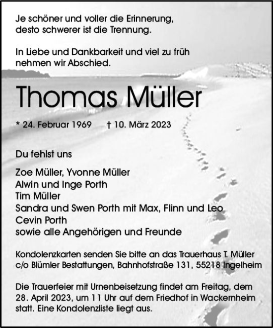 Traueranzeige von Thomas Müller von Allgemeine Zeitung Mainz