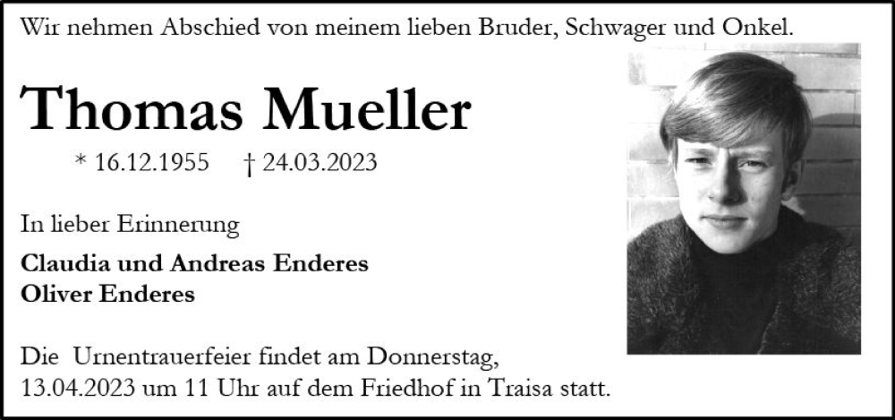 Traueranzeige für Thomas Mueller vom 08.04.2023 aus Darmstädter Echo