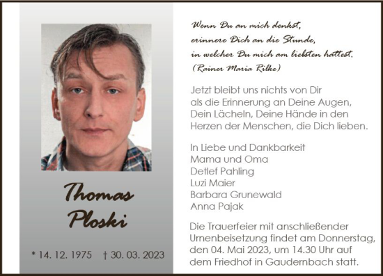 Traueranzeige von Thomas Ploski von Weilburger Tageblatt