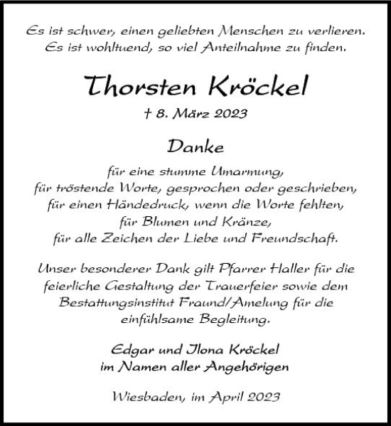 Traueranzeige von Thorsten Kröckel von Wiesbadener Kurier