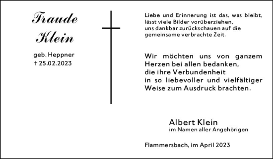 Traueranzeige von Traude Klein von Dill Block