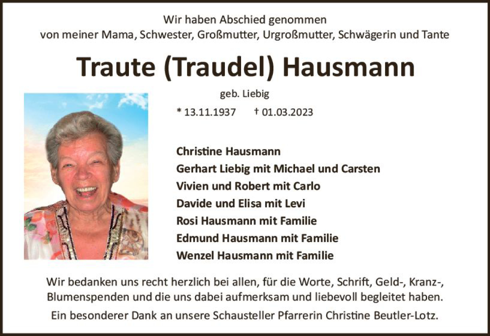  Traueranzeige für Traute Hausmann vom 22.04.2023 aus Darmstädter Echo