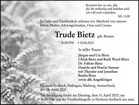 Traueranzeige von Trude Bietz von Dill Block