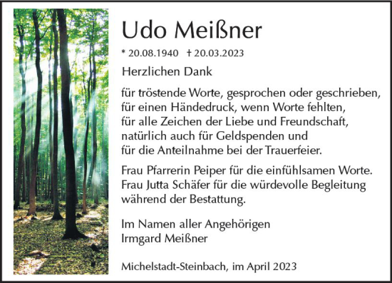 Traueranzeige von Udo Meißner von Odenwälder Echo