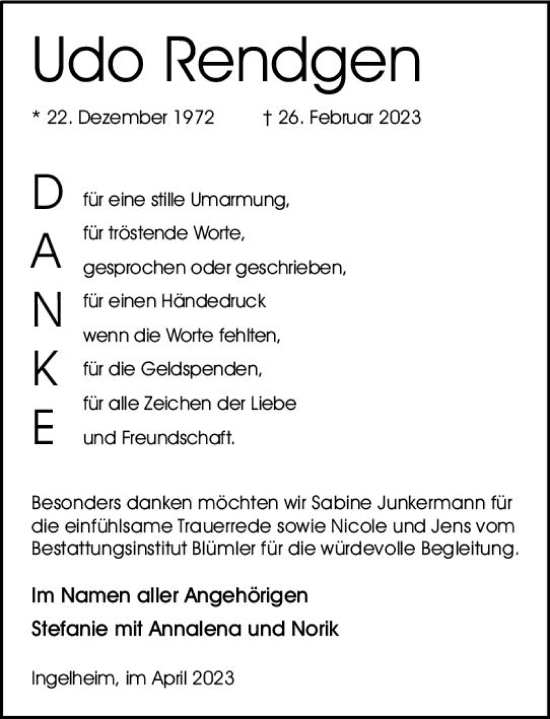 Traueranzeige von Udo Rendgen von Allgemeine Zeitung Bingen/Ingelheim