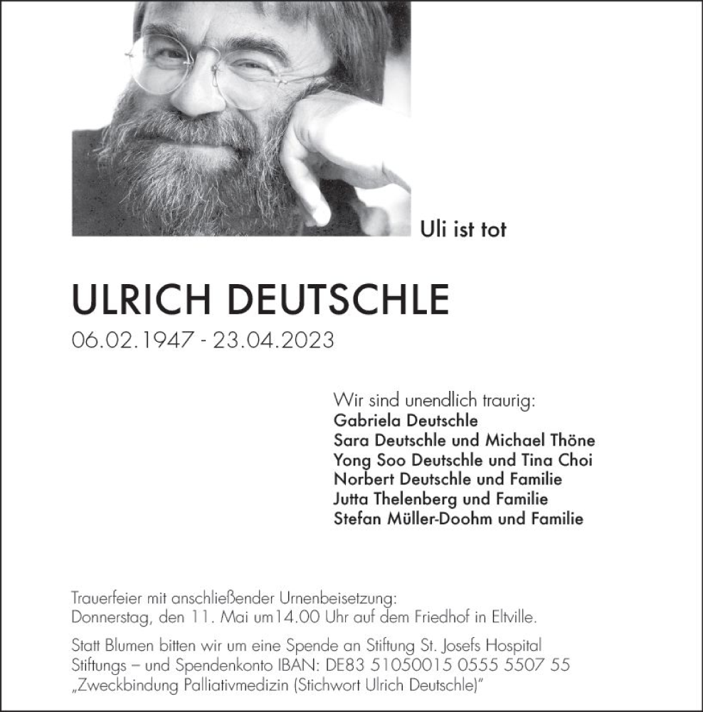  Traueranzeige für Ulrich Deutschle vom 29.04.2023 aus Wiesbadener Kurier