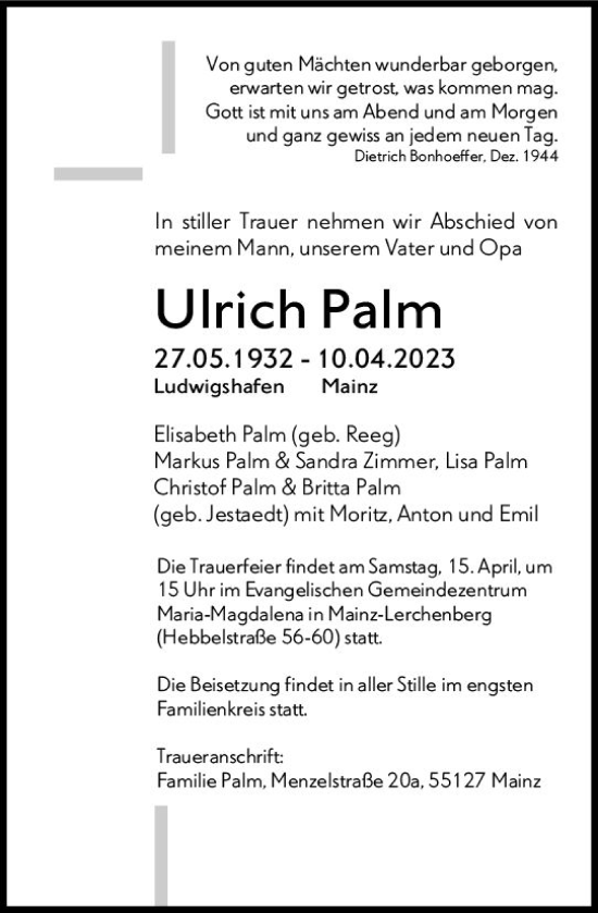 Traueranzeige von Ulrich Palm von Allgemeine Zeitung Mainz
