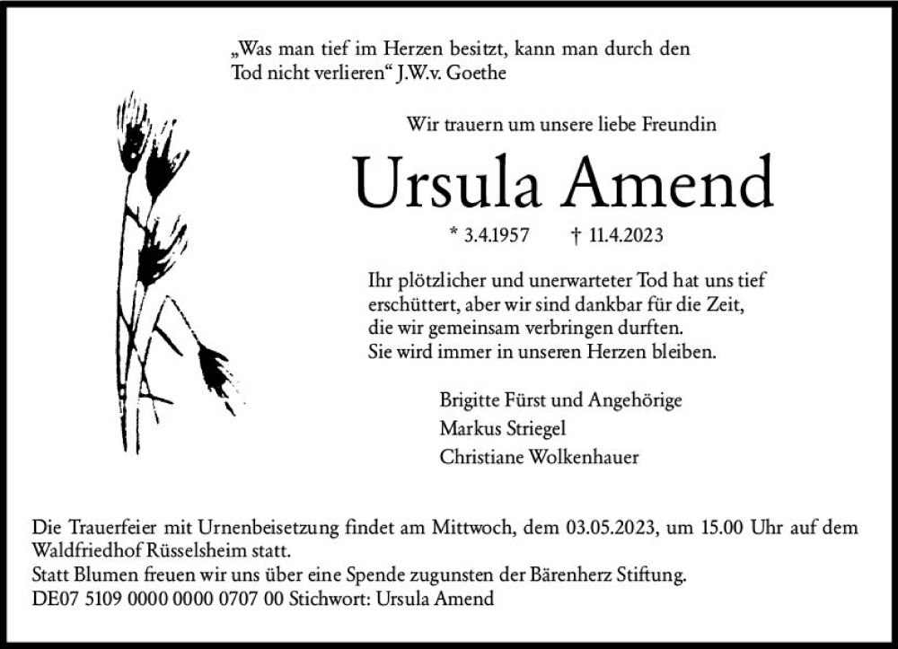  Traueranzeige für Ursula Amend vom 29.04.2023 aus Rüsselsheimer Echo