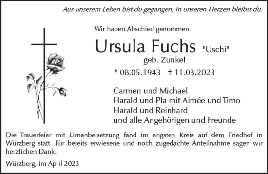 Traueranzeige von Ursula Fuchs von Odenwälder Echo