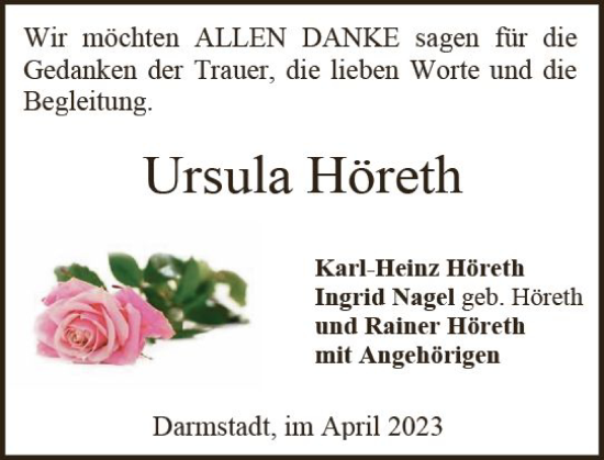 Traueranzeige von Ursula Höreth von Darmstädter Echo