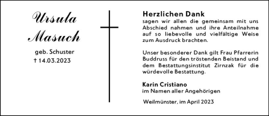 Traueranzeige von Ursula Masuch von Weilburger Tageblatt