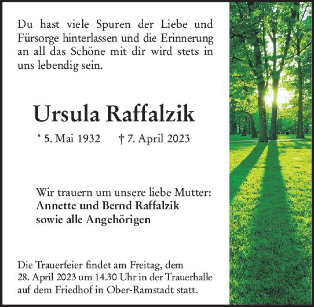  Traueranzeige für Ursula Raffalzik vom 22.04.2023 aus Darmstädter Echo