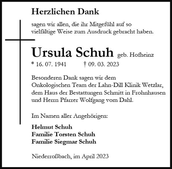 Traueranzeige von Ursula Schuh von Dill Block