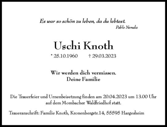 Traueranzeige von Uschi Knoth von Allgemeine Zeitung Bad Kreuznach