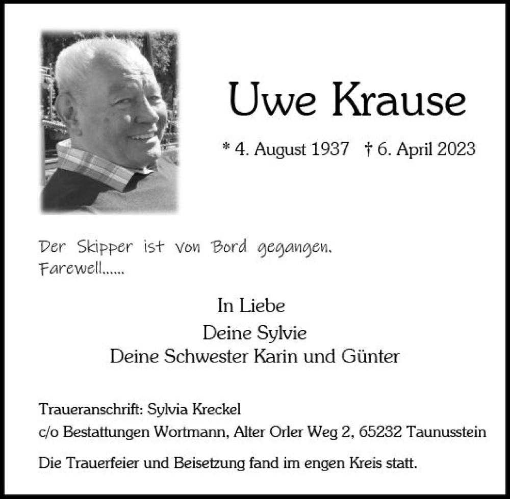  Traueranzeige für Uwe Krause vom 29.04.2023 aus Wiesbadener Kurier