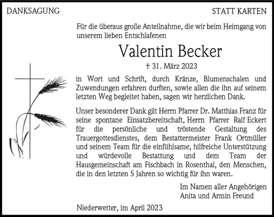 Traueranzeige von Valentin Becker von Hinterländer Anzeiger