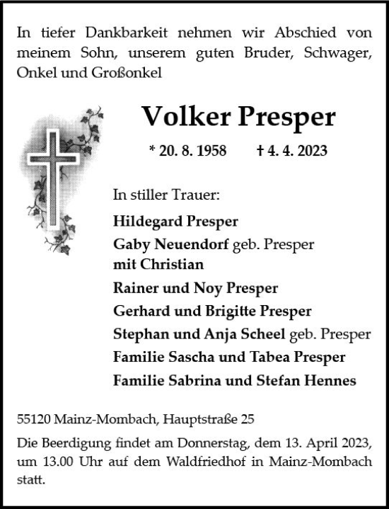 Traueranzeige von Volker Presper von Allgemeine Zeitung Mainz