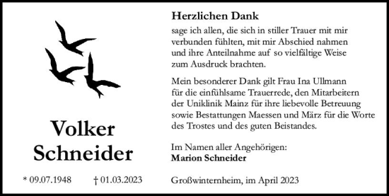 Traueranzeige von Volker Schneider von Allgemeine Zeitung Bingen/Ingelheim