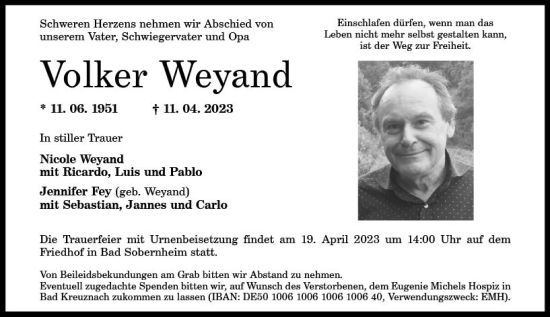 Traueranzeige von Volker Weyand von Allgemeine Zeitung Bad Kreuznach