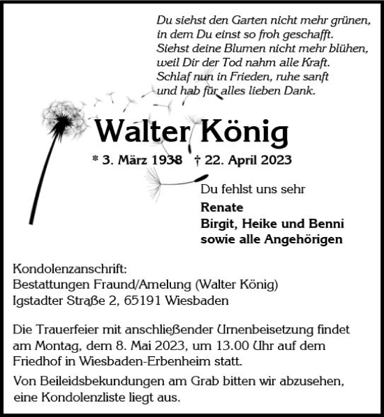 Traueranzeige von Walter König von Wiesbadener Kurier