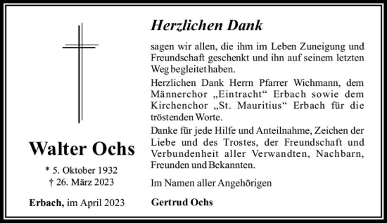 Traueranzeige von Walter Ochs von Camberger Anzeiger
