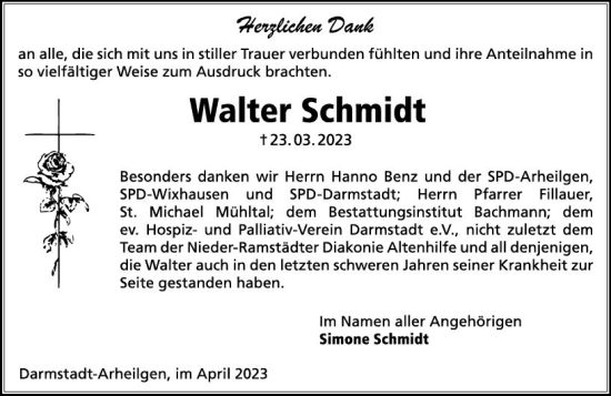 Traueranzeige von Walter Schmidt von Starkenburger Echo