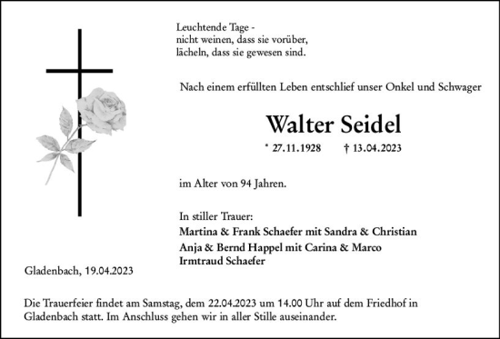 Traueranzeige von Walter Seidel von Hinterländer Anzeiger