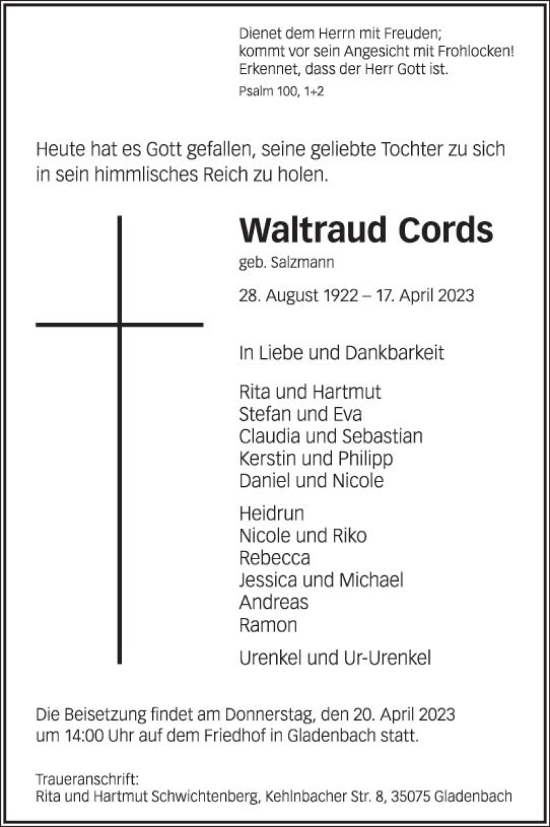 Traueranzeige von Waltraud Cords von Hinterländer Anzeiger