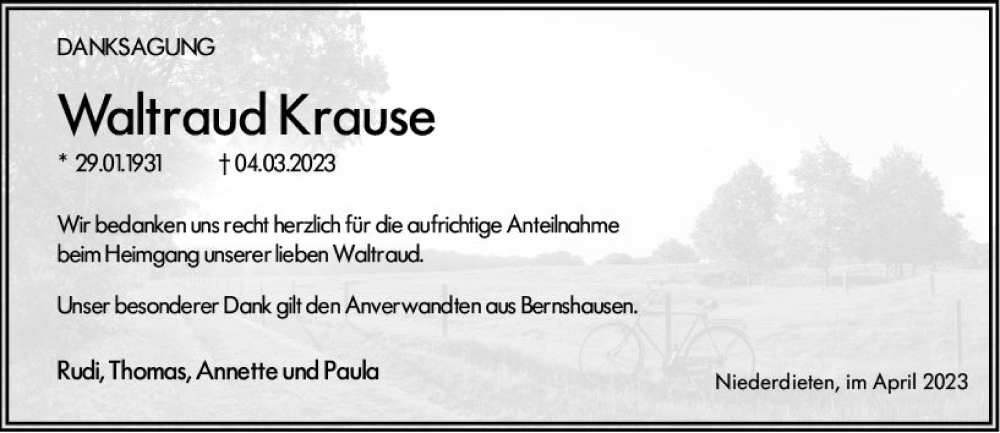  Traueranzeige für Waltraud Krause vom 15.04.2023 aus Hinterländer Anzeiger