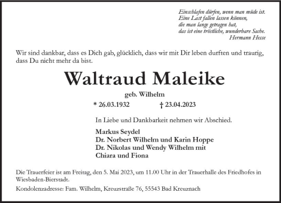 Traueranzeige von Waltraud Maleike von Wiesbadener Kurier