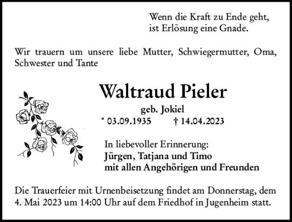  Traueranzeige für Waltraud Pieler vom 22.04.2023 aus Darmstädter Echo