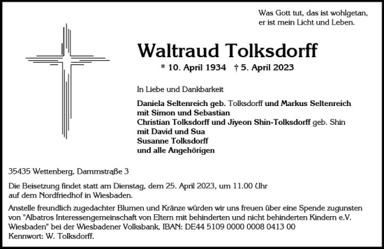 Traueranzeige von Waltraud Tolksdorff von Wiesbadener Kurier