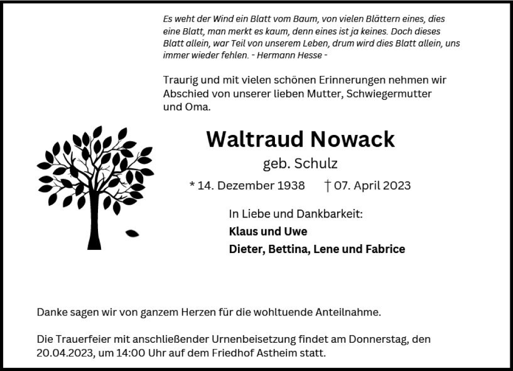  Traueranzeige für Wattraud Nowack vom 17.04.2023 aus Rüsselsheimer Echo