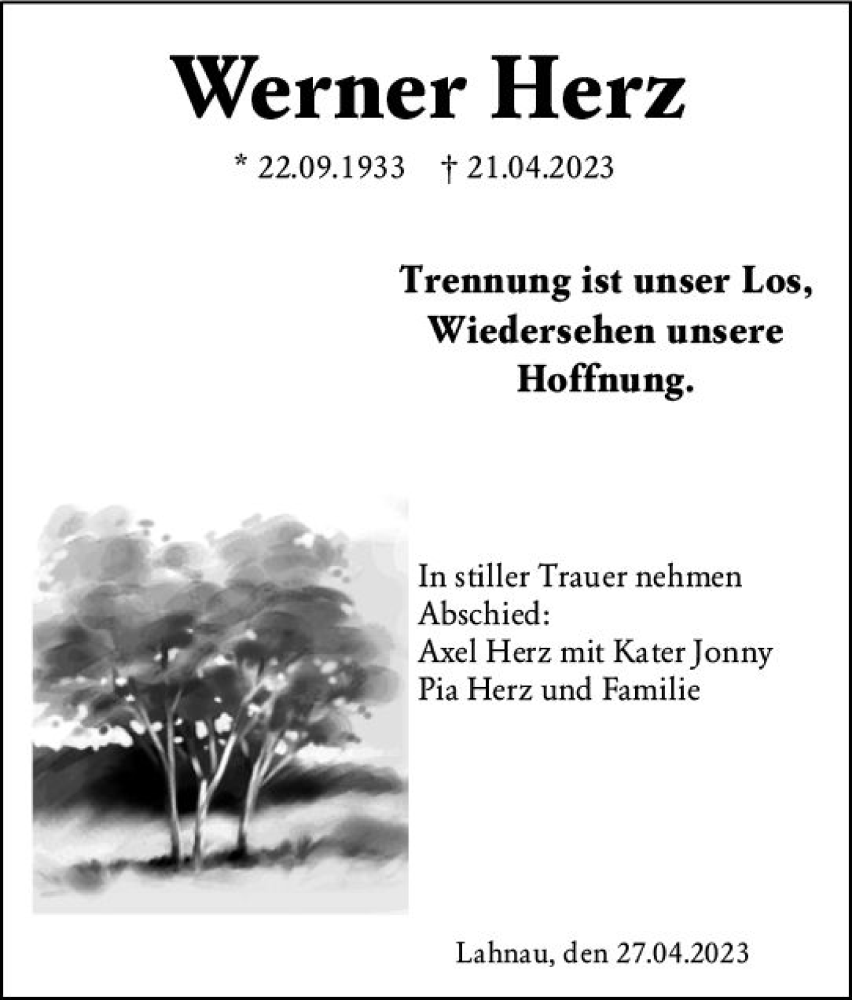  Traueranzeige für Werner Herz vom 27.04.2023 aus Wetzlarer Neue Zeitung