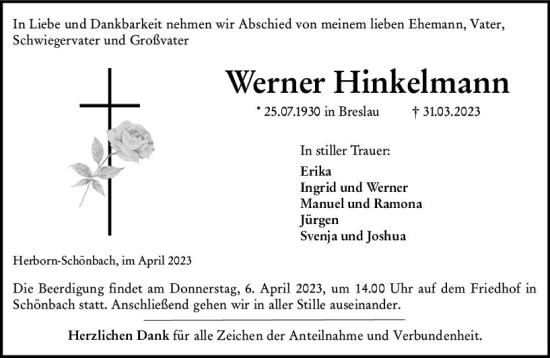 Traueranzeige von Werner Hinkelmann von Dill Block