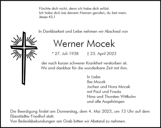 Traueranzeige von Werner Mocek von Darmstädter Echo