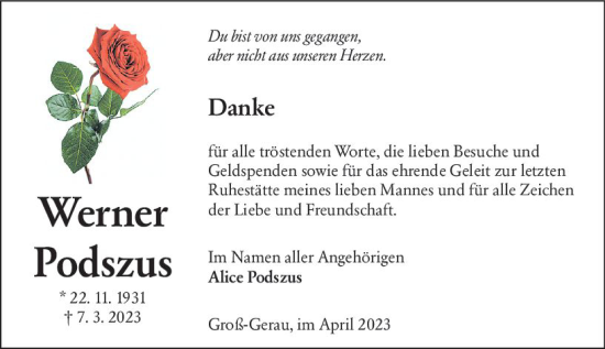 Traueranzeige von Werner Podszus von Groß-Gerauer Echo