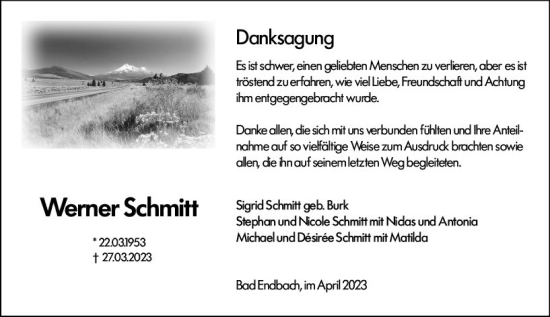 Traueranzeige von Werner Schmitt von Hinterländer Anzeiger